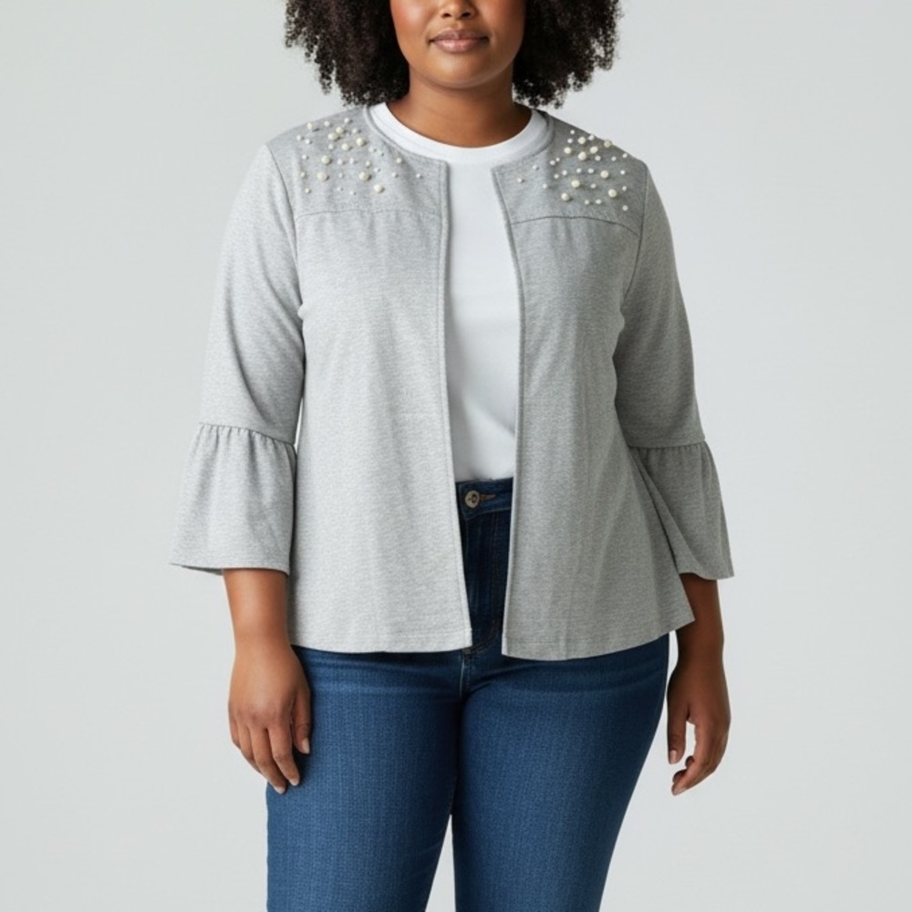 Lane Bryant gray open-front cardigan with pearls 3/4 bell sleeve‎ Women’s 14/16
